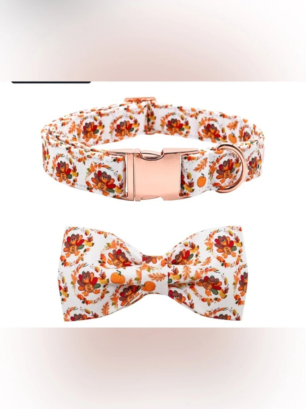 NEW-Medium Festive Fall Turkey Print Dog Collar & Bow Tie Set - White & Orange